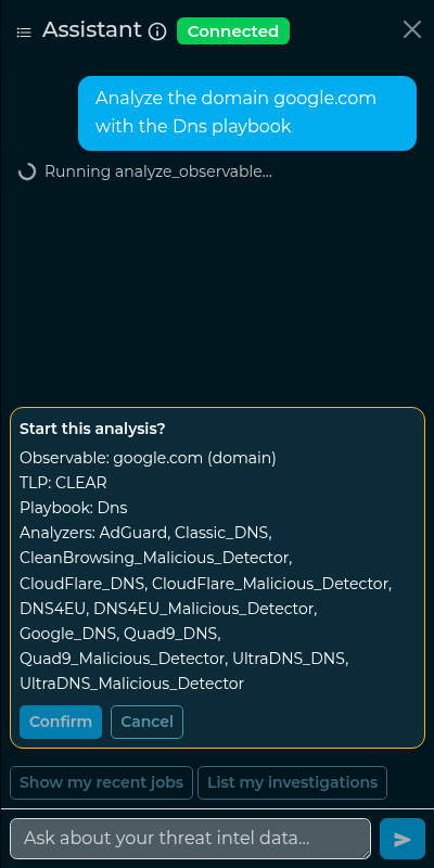 The confirmation card listing the analyzers that would run, with Confirm and Cancel buttons