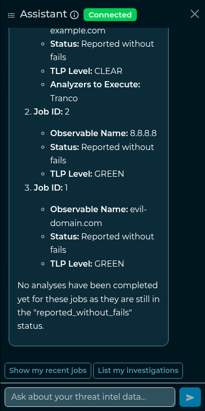 The IntelOwl chat panel answering a question about recent jobs